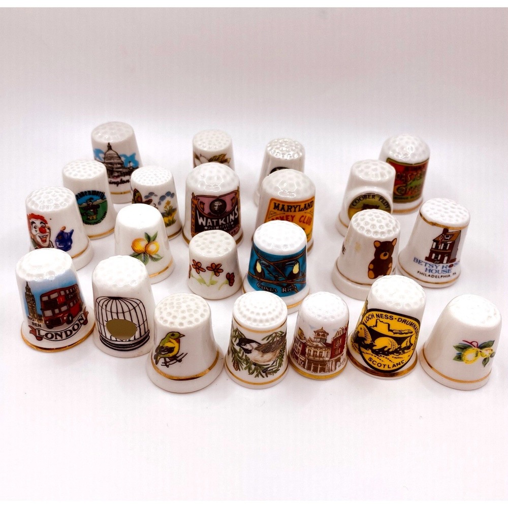 Set of 22 Ceramic Thimbles Collectible Souvenir Travel Landmarks Animals UK USA